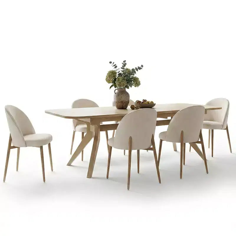 78-96 Modern Extendable Dining Table Set for 6/8, Japandi Dining Room Set with Beige Upholstered Chairs, V-Leg Trestle Base-Panipeachy