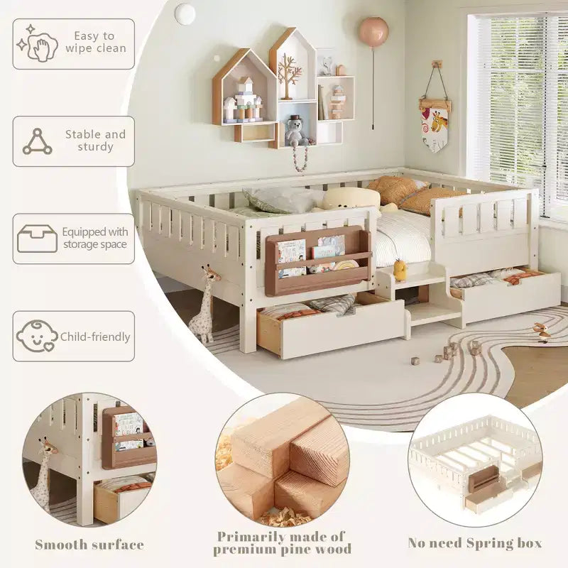 Bellemave Queen Size Toddler Bed with 14 Safety Guardrails, Space-saving Bed Frame with Built-in Bookshelves & 2 Under-Bed Storage Drawers