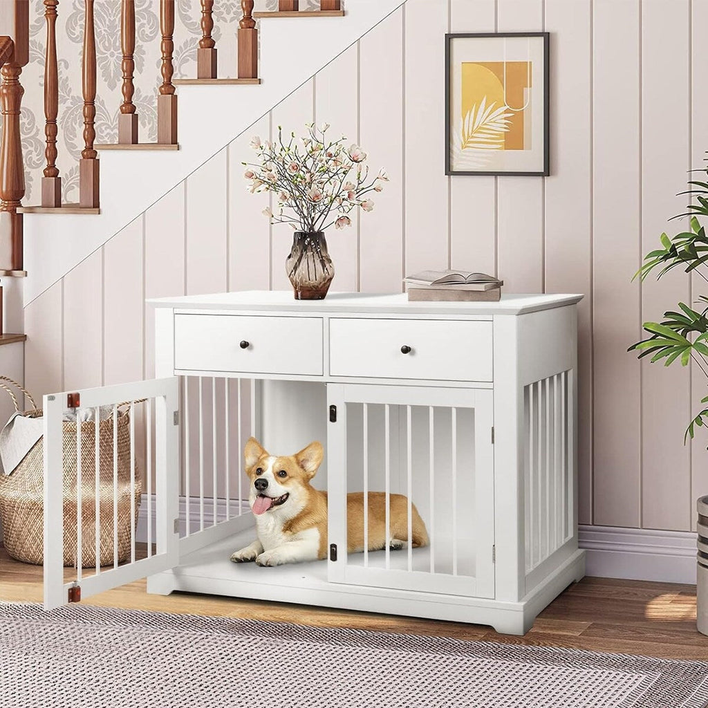 BOSSIN 44 Inch Large Dog Crate Furniture, Wooden Dog Kennel End Table with Storage Drawers, Decorative Pet Crates Dog House
