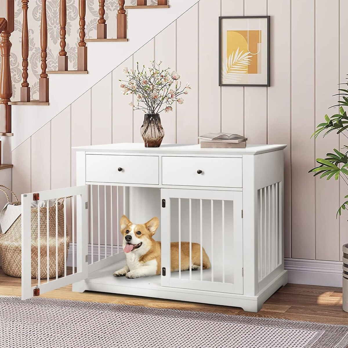 BOSSIN 44 Inch Large Dog Crate Furniture, Wooden Dog Kennel End Table with Storage Drawers, Decorative Pet Crates Dog House