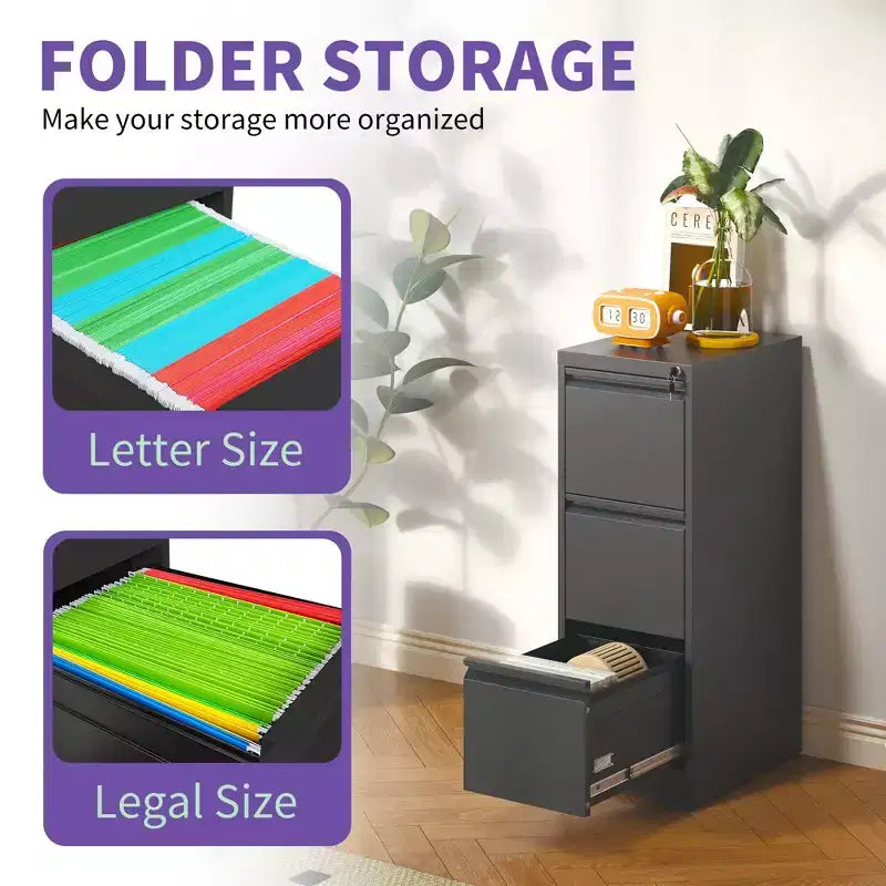 VIYET 52H 3-Drawer Metal Vertical File Cabinet with Lock,Steel Filing Cabinet for Home Office,Fits A4/Legal/Letter