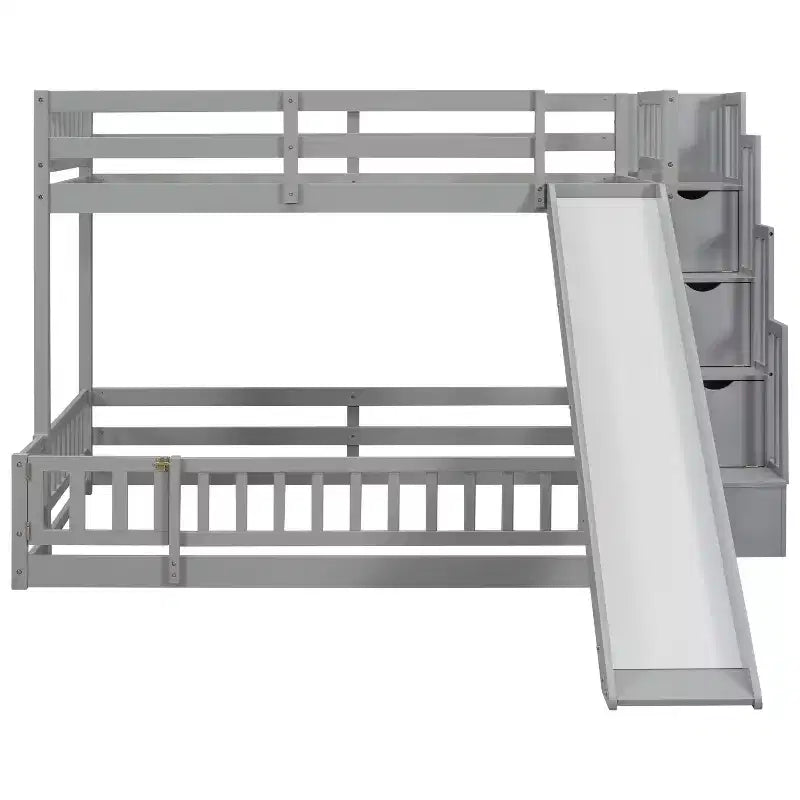 Twin over Full Bunk Bed with Slide, Storage Staircase, Safety Guardrails and Solid Pine Wood Frame, White/Grey