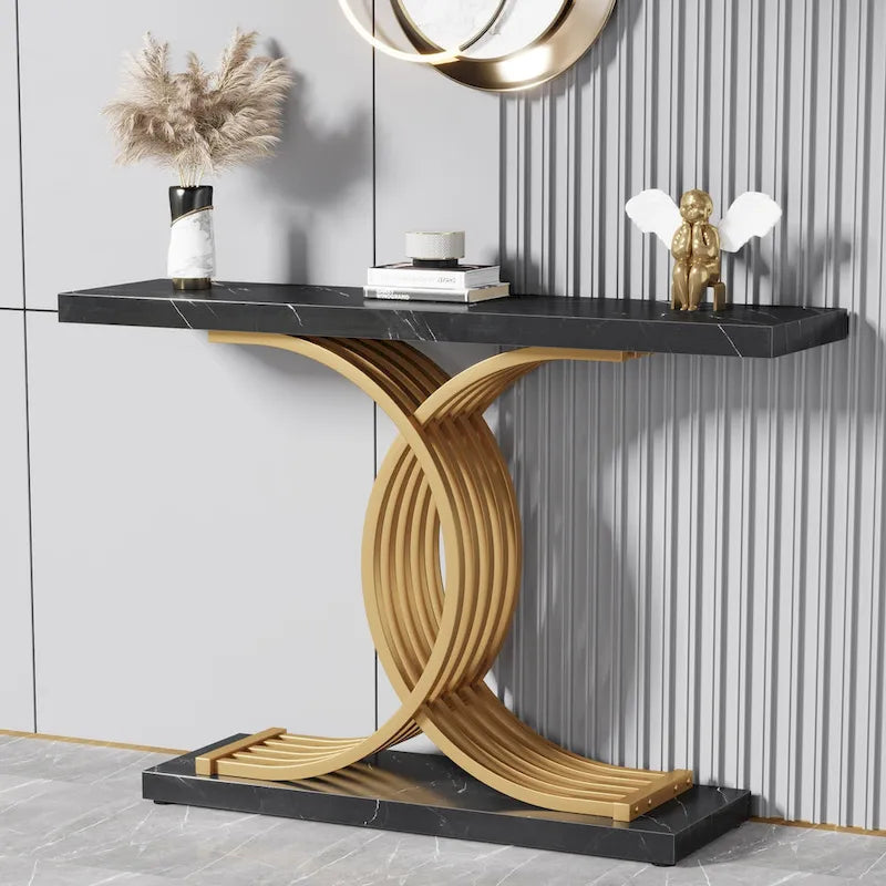 Black/ Gold Modern Sofa Table with Faux Marble Tabletop, 39 Inches Wood Foyer Table with Geometric Metal Legs for Entryway