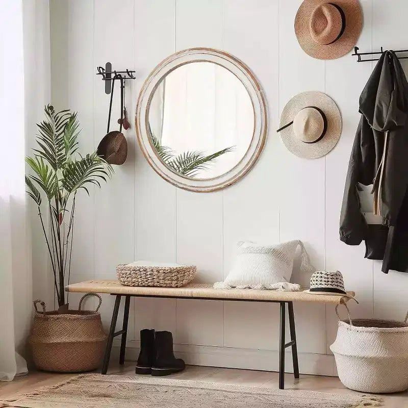 MAYEERTY 24 inches Wooden Farmhouse Round Wall Mirror for Bathroom Vanity Bedroom Living Room Kitchen Office