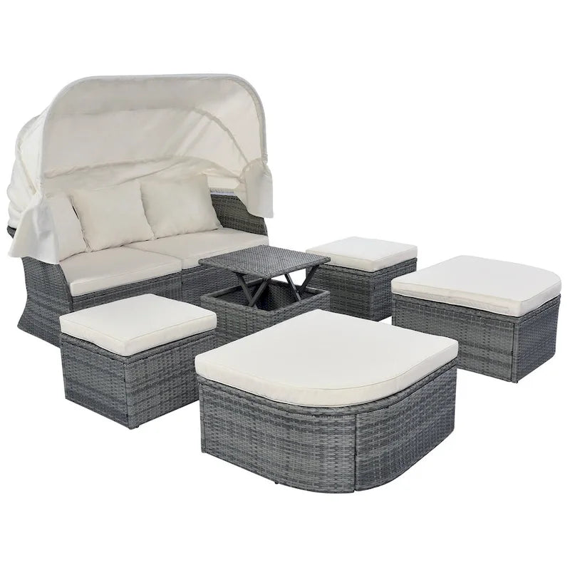 Outdoor Gray Wicker Daybed with Cushions and Retractable Canopy