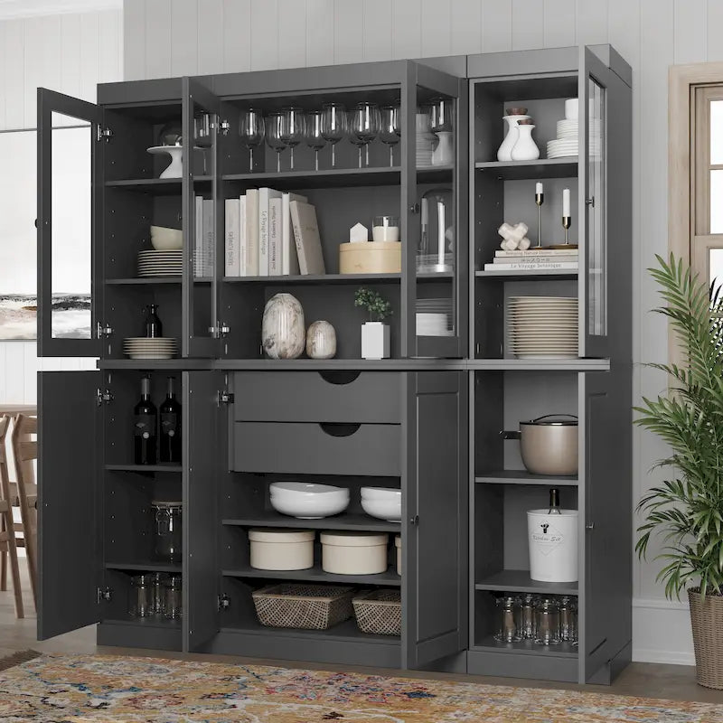 100% Solid Wood Kitchen China Pantry Buffet with Glass or Solid Wood Doors and 2-Drawer Kit 65 x 71.5