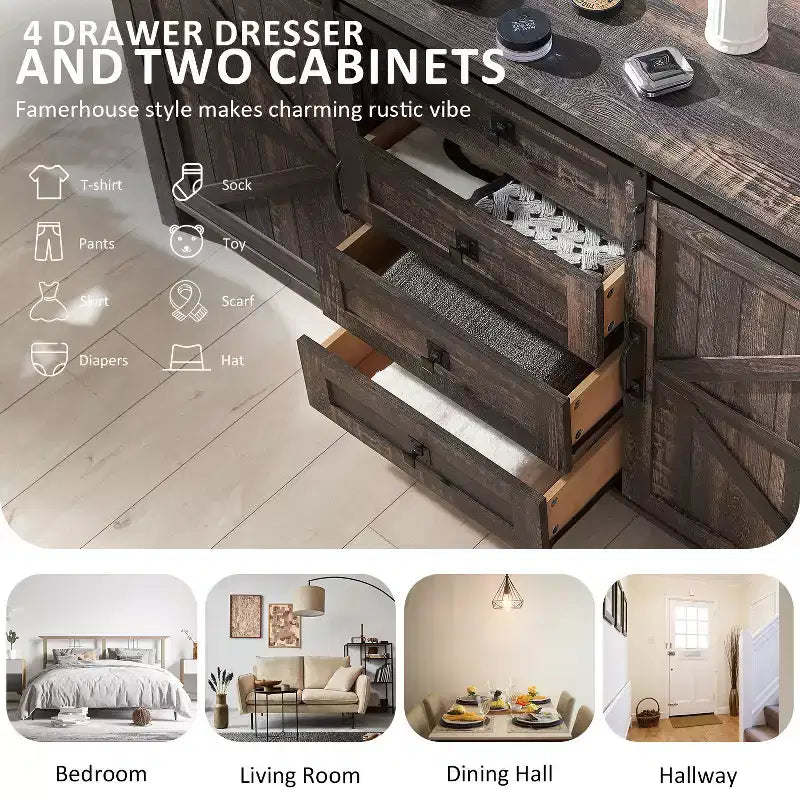 SinCiDo Farmhouse 60Dressing Table with Sliding Barn Door and 4 Drawers,Drawer Cabinet Living Room,Bedroom,Coffee Bar