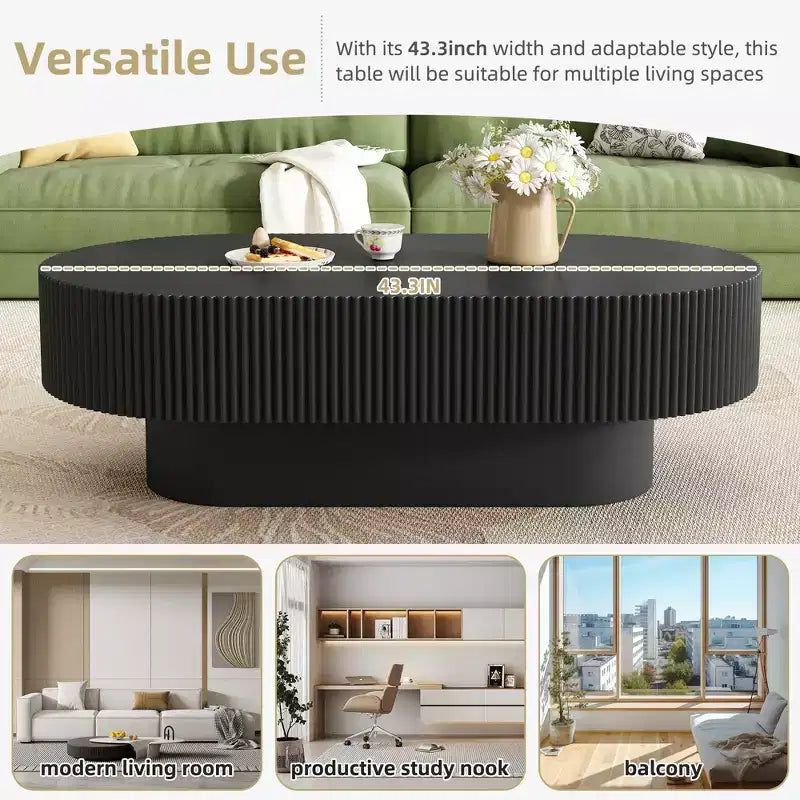 Oval Coffee Table with Fluted Base for Living Room