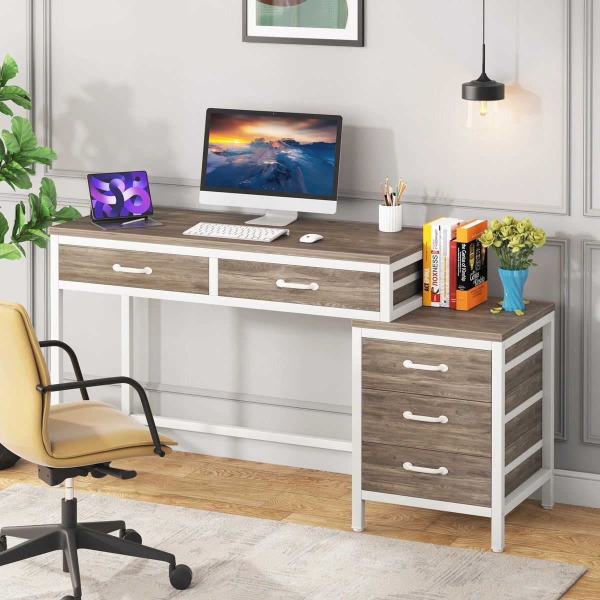 Reversible Computer Desk with 5 Drawers, Home Office Desk with File Cabinet Drawer Printer Stand
