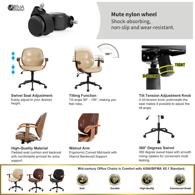 Glitzhome Leatherette Adjustable Swivel Desk Office Chair with Armrest Ergonomic Design