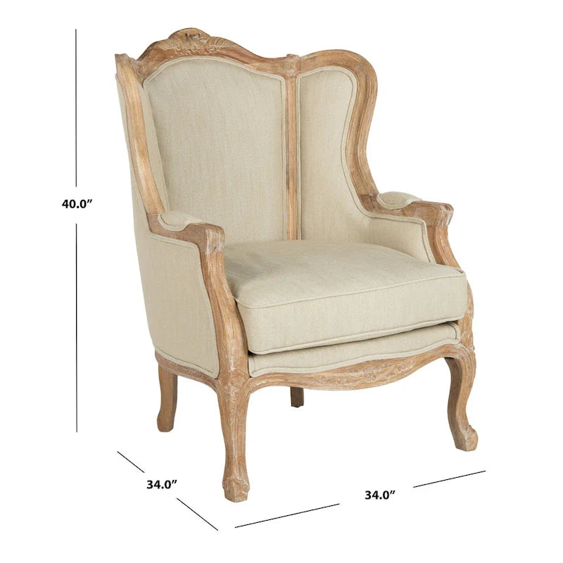 SAFAVIEH Couture Kali Oak Natural Linen Wing Chair - 34Wx34Dx40H