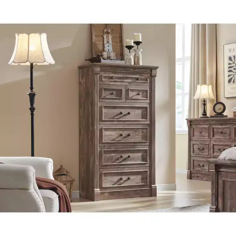 Mastgoal 57 Farmhouse Dresser with 7 Drawers, Rustic Wood Closet Storage with Roman Column for Bedroom