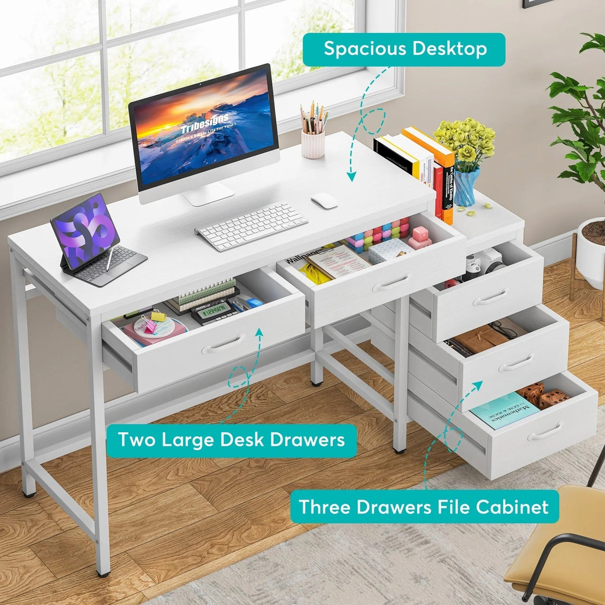 Reversible Computer Desk with 5 Drawers, Home Office Desk with File Cabinet Drawer Printer Stand