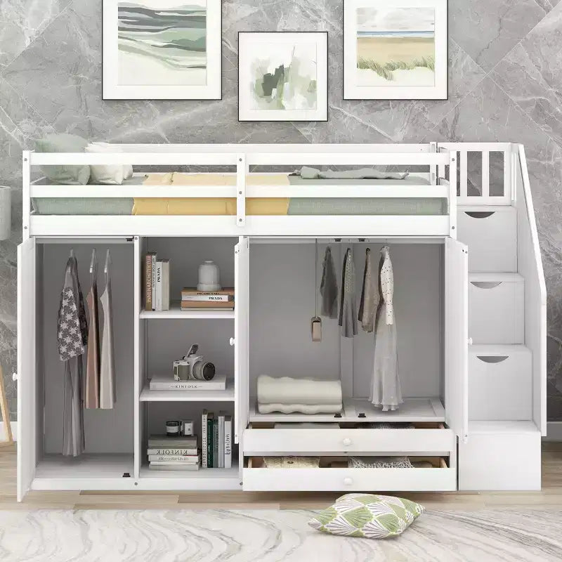 93.3 Functional Loft Bed with Wardrobes, Shelves, Drawers and Storage Ladder