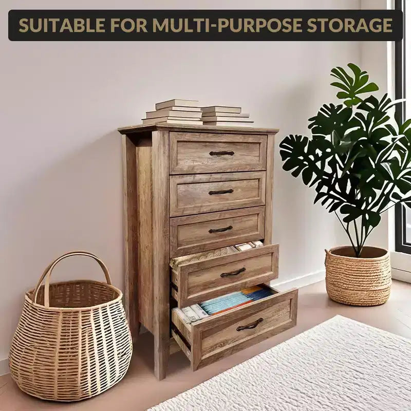 Farmhouse Dresser, Rustic Wood 5 Drawer Dresser for Closet, Tall Chest of Drawers with Metal Handles