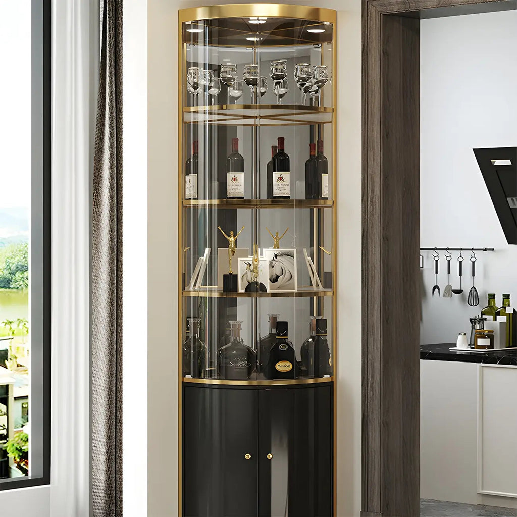 Glam Glossy Glass Gold Metal Rounded Display Corner Cabinet