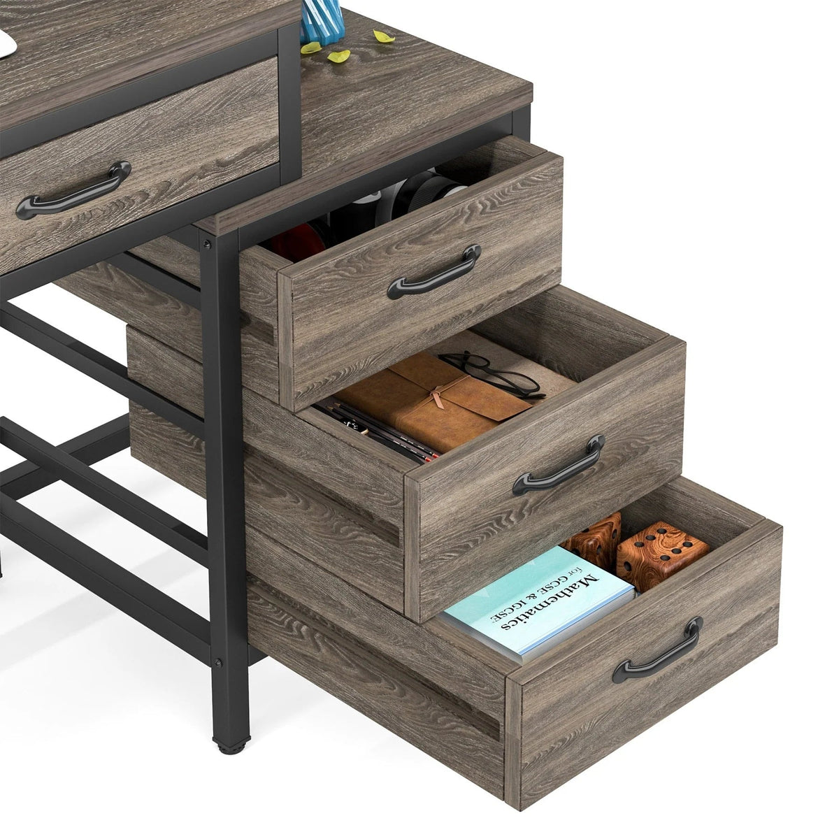 Reversible Computer Desk with 5 Drawers, Home Office Desk with File Cabinet Drawer Printer Stand
