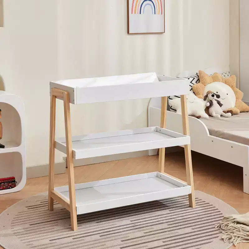 Modern Baby Changing Table with Waterproof Pad & 2 Storage Shelves, Portable Wood Nursery Furniture for Newborns/Infants, Wood+White