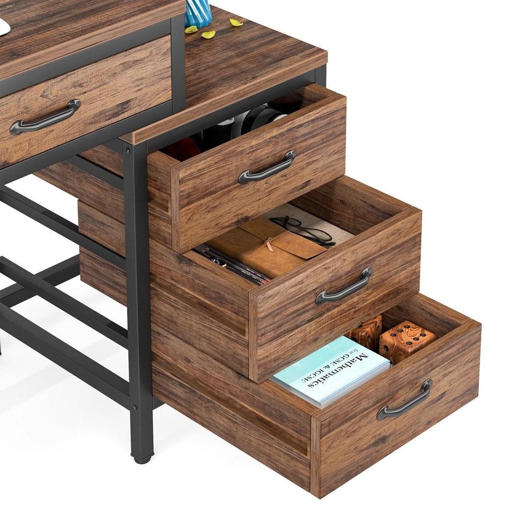 Reversible Computer Desk with 5 Drawers, Home Office Desk with File Cabinet Drawer Printer Stand