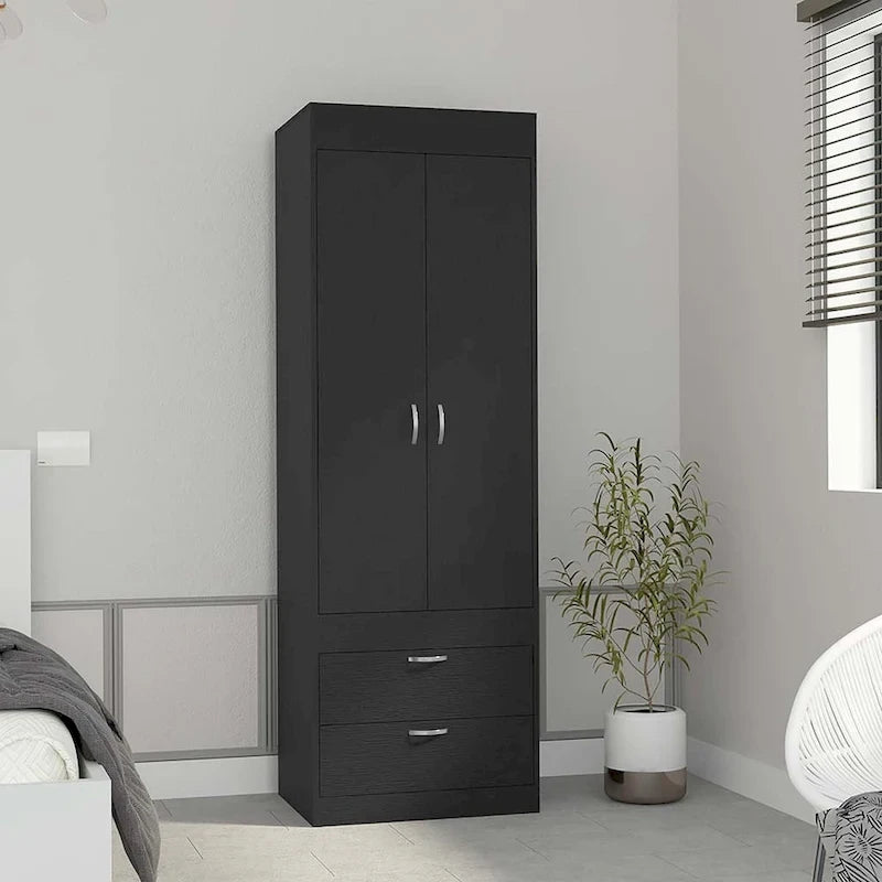 18.9  Modern Double-door Armoire with Two Bottom Drawers and Hanging Rod for Bedroom