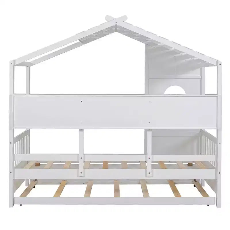 Twin Size House Bed with Trundle and Storage Shelf for Kids, White