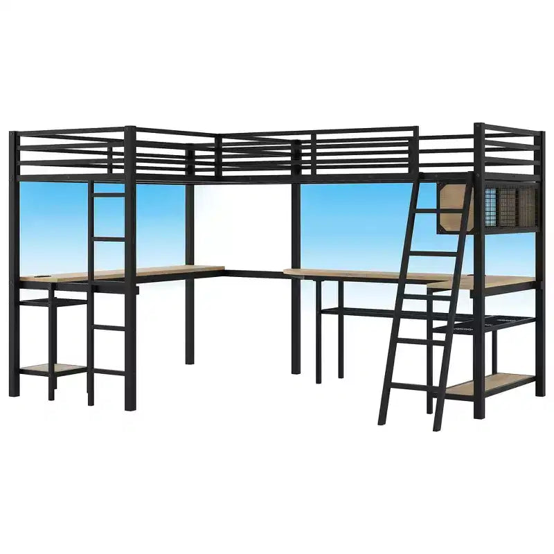 Twin Metal L-Shaped Loft Bed with Storage Shelves, 2 Built-in Desks - Black