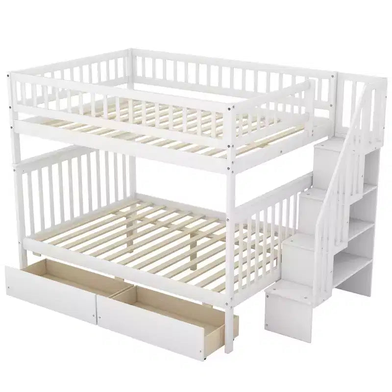 Full over Full Bunk Bed with Two Storage Drawers and Storage Shelves for Kids Teens Adults Bedroom