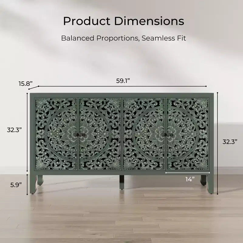 Buffet Cabinet with Storage, Distressed Storage Cabinet with 4 Carved Doors and Adjustable Shelf, Wooden Accent Sideboard Buffet Cabinets