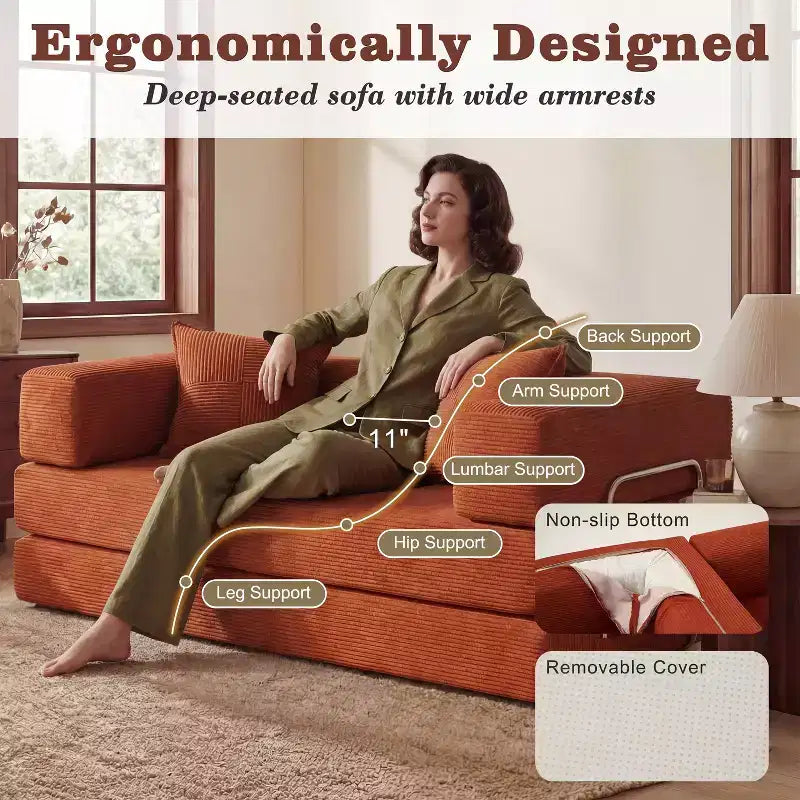 Dyonery 65-in five-in-one folding floor sofa bed, convertible into a double bed sofa bed, with a fixed metal frame, corduroy