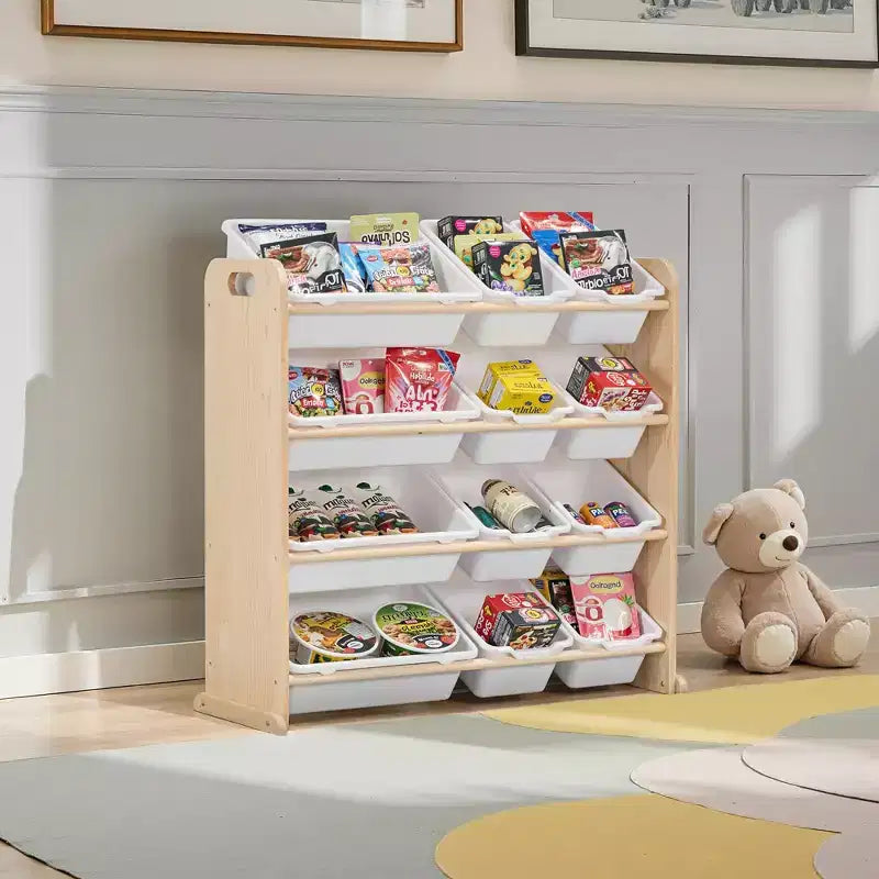 VECELO Kids Bookshelf Toy Storage with 12 Bins, Wooden Toy Rack for Toddlers, Large-Capacity Playroom Storage for Books or Toys