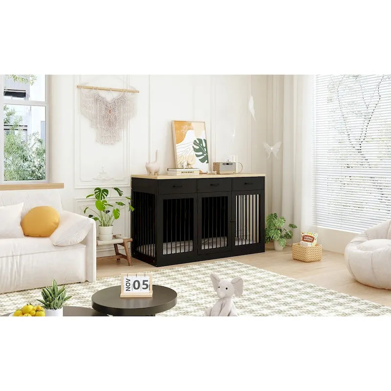 Modern Large Dog Crate with Storage Drawers - Elegant Espresso Finish
