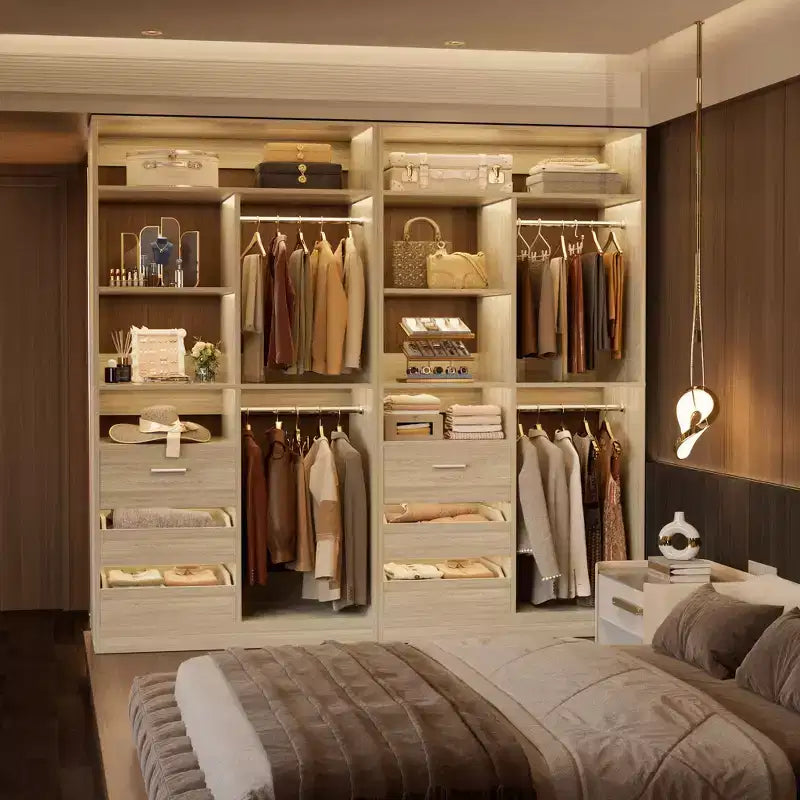 Closet Organizer with Wood Drawers, Freestanding Closet System with Hanging Rods