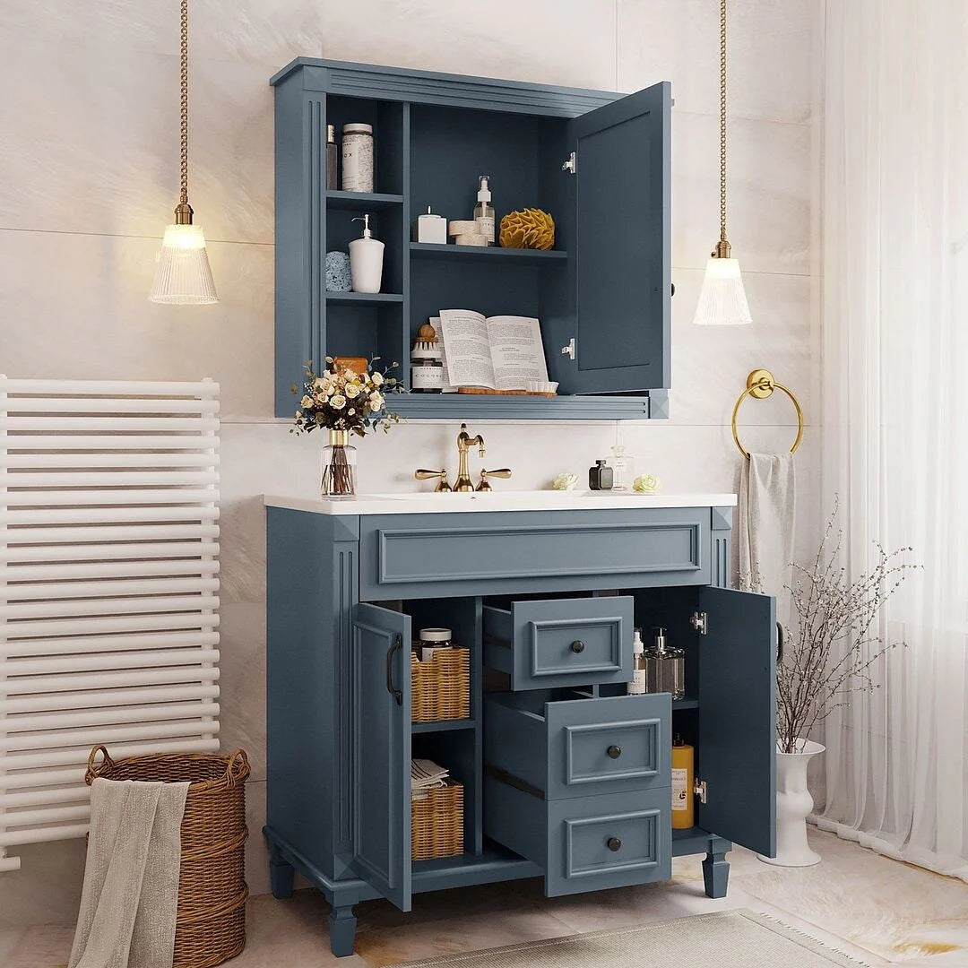 36 Modern Bathroom Vanity with Top Sink and Mirror Cabinet,2 Doors and 2 Drawers