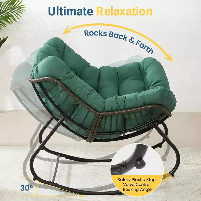 Heynemo Patio Rocking Chair with Ottoman, Outdoor Indoor Rocking Egg Chair with Cushions, Metal Lounge Chair Oversized Papasan Chair, Reading Chair
