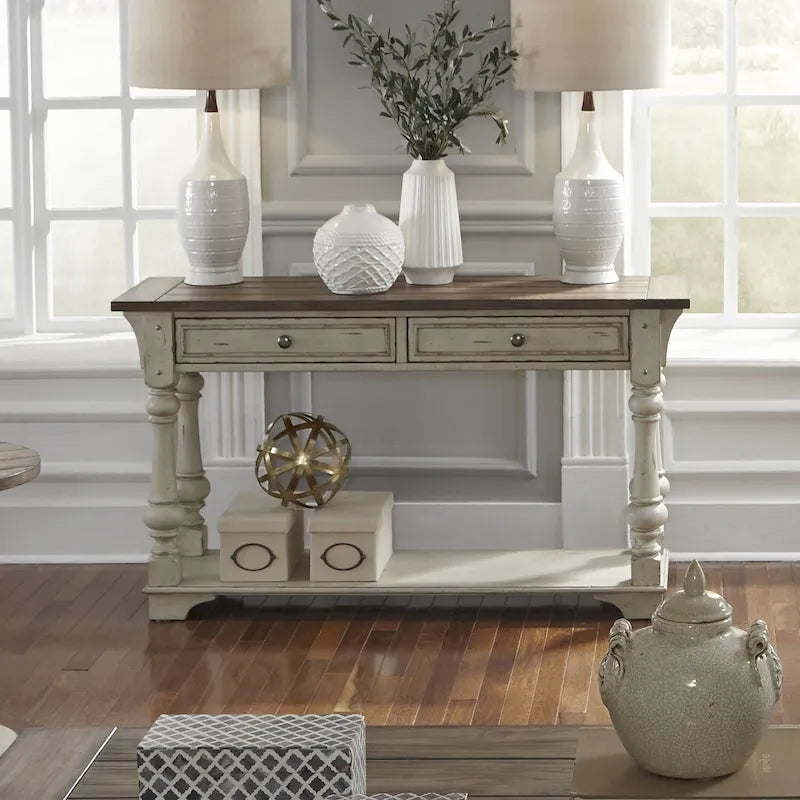 Morgan Creek Antique White Wire Brushed Tobacco Accents Sofa Table