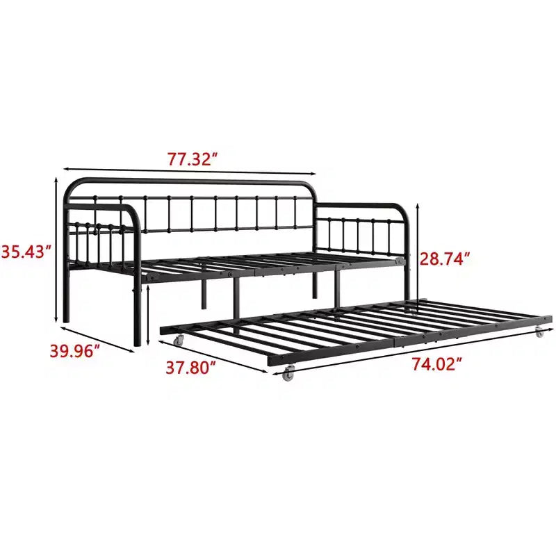 MAYEERTY Twin Size Metal Daybed Frame with Trundle, Heavy Duty Sofa Bed Platform, No Box Spring Needed, Black
