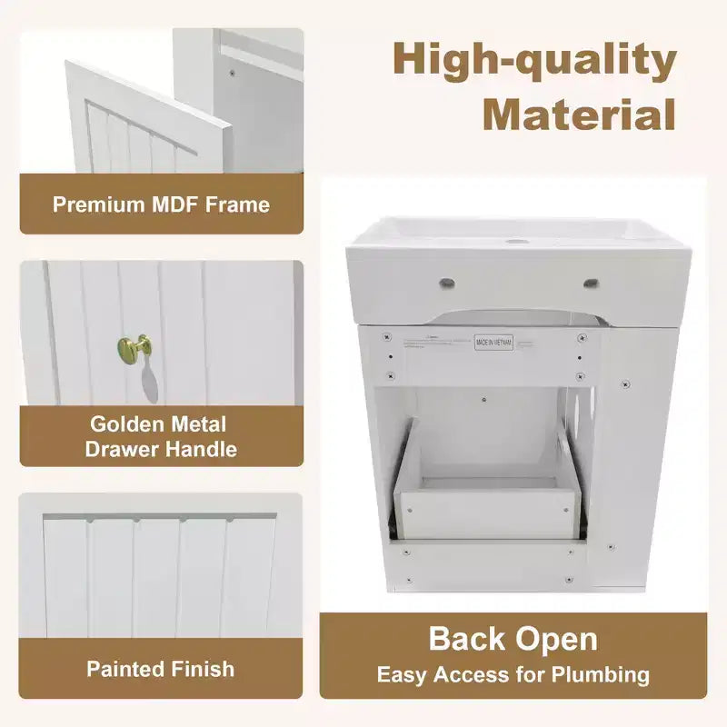 Bathroom Vanity with Ceramic Sink, MDF Storage Drawer, Side Shelf & Golden Handle
