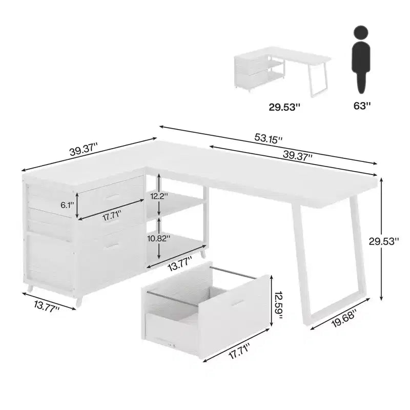Reversible L-Shaped Desk with 3 Drawers & Open Shelves - Rustic Home Office