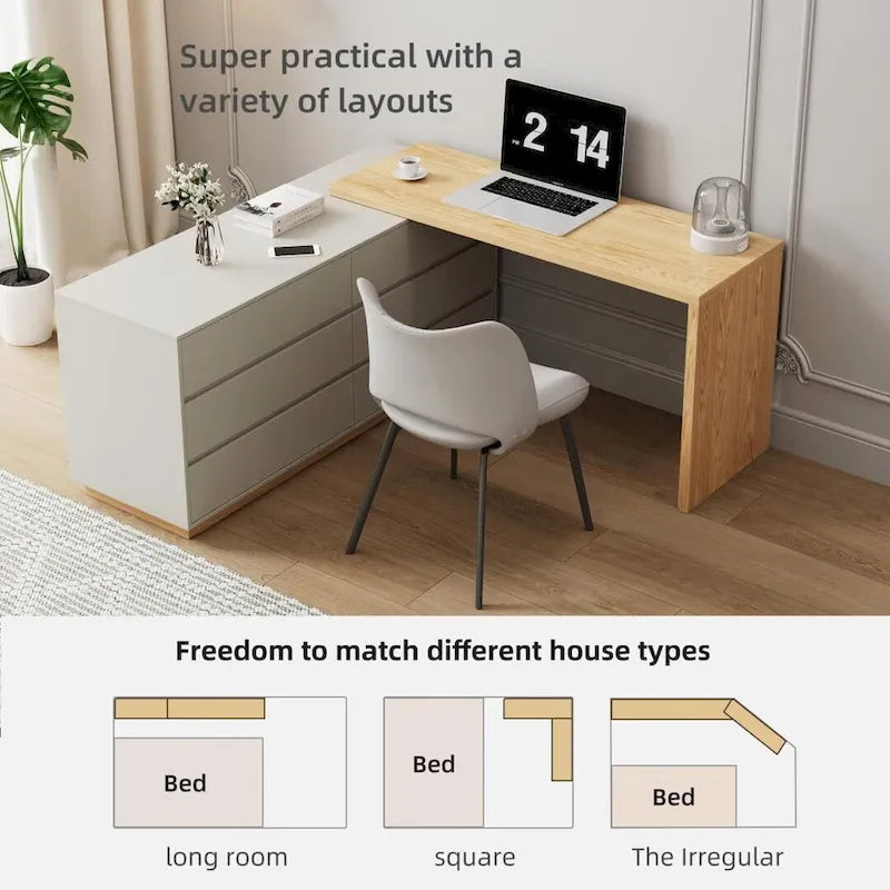 55.2-inch white corner desk with 6 drawer storage