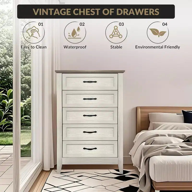 Farmhouse Dresser, Rustic Wood 5 Drawer Dresser for Closet, Tall Chest of Drawers with Metal Handles