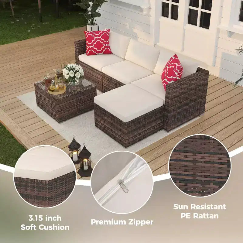 5 Pieces Patio Furniture Set, All-Weather Wicker Sectional Sofa With Anti-Slip Cushions, Rattan Outdoor Patio Furniture Sofa Set With Ottoman