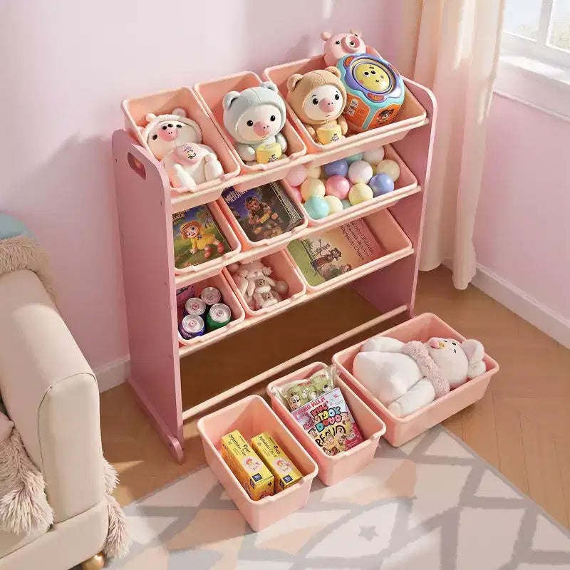 VECELO Kids Bookshelf Toy Storage with 12 Bins, Wooden Toy Rack for Toddlers, Large-Capacity Playroom Storage for Books or Toys