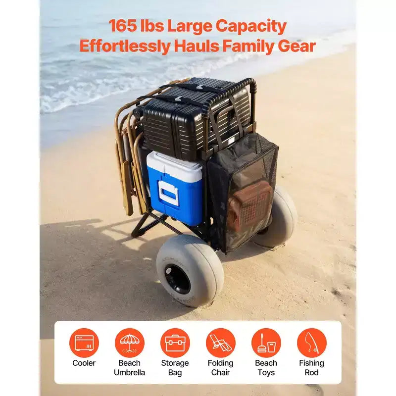 VEVOR Beach Dolly with Big Wheels for Sand, 18 x 15 Cargo Deck, Folding Sand Cart with 12 Balloon Wheels, 165 lbs Loading Capacity, Black