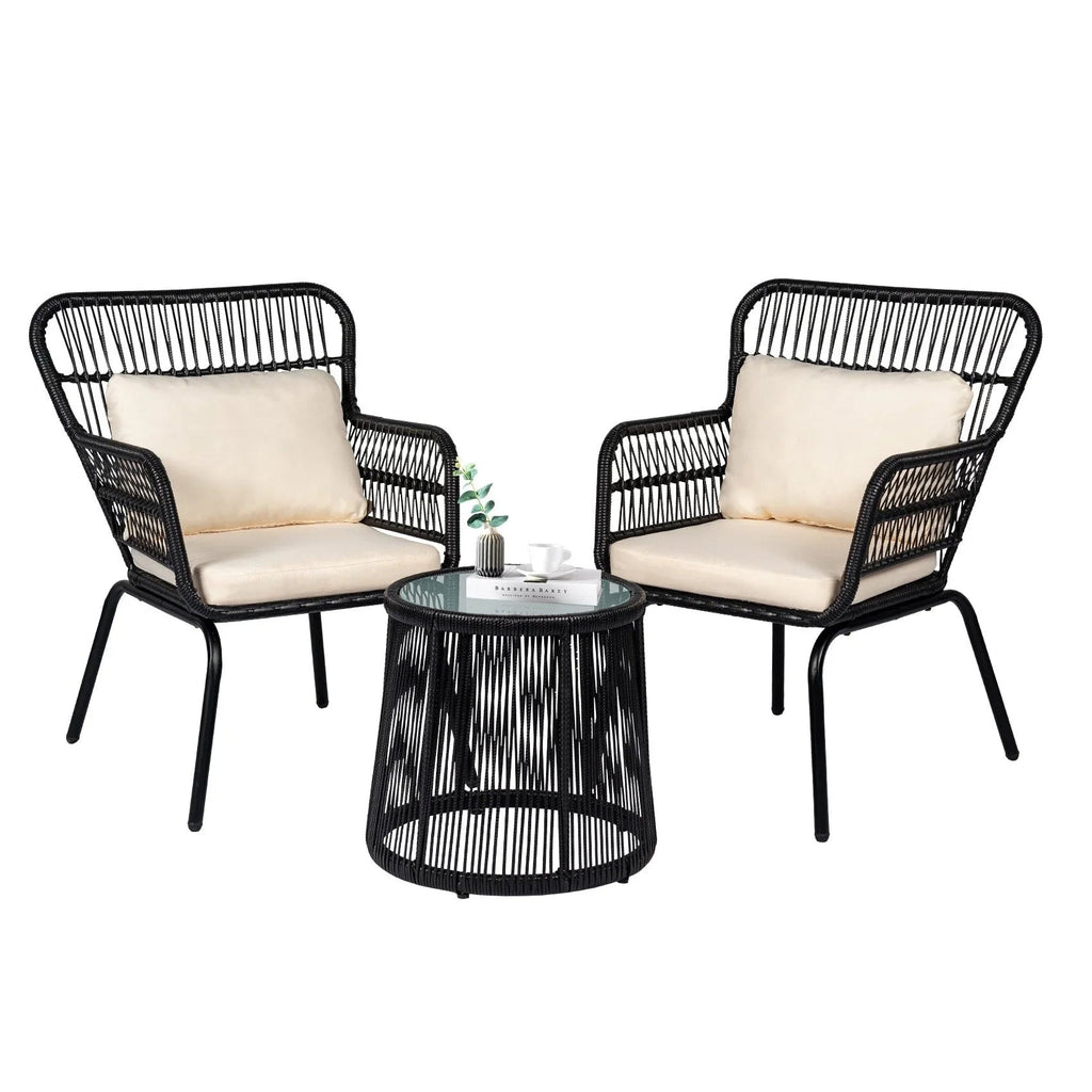 3 Piece Outdoor Wicker Conversation Bistro Set, All-Weather Rattan Furniture Patio Chairs Set with Cushions