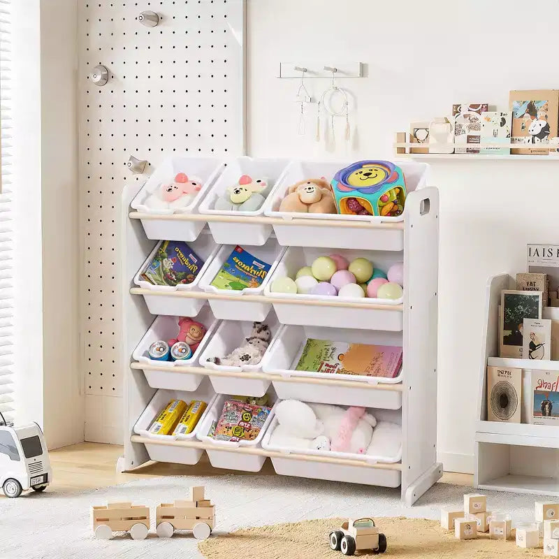 VECELO Kids Bookshelf Toy Storage with 12 Bins, Wooden Toy Rack for Toddlers, Large-Capacity Playroom Storage for Books or Toys