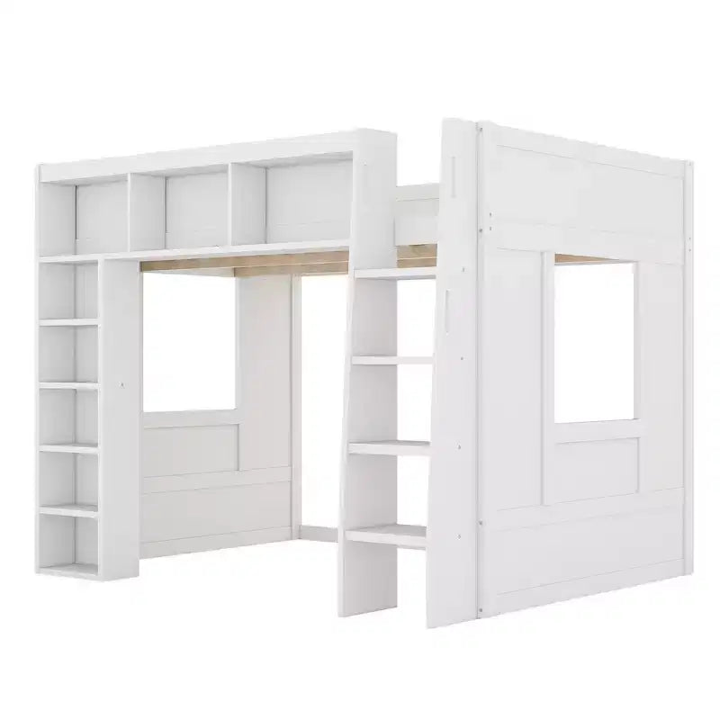 Whisen Queen Size Wooden Loft Bed Frame with Storage Cabinets and Shelves