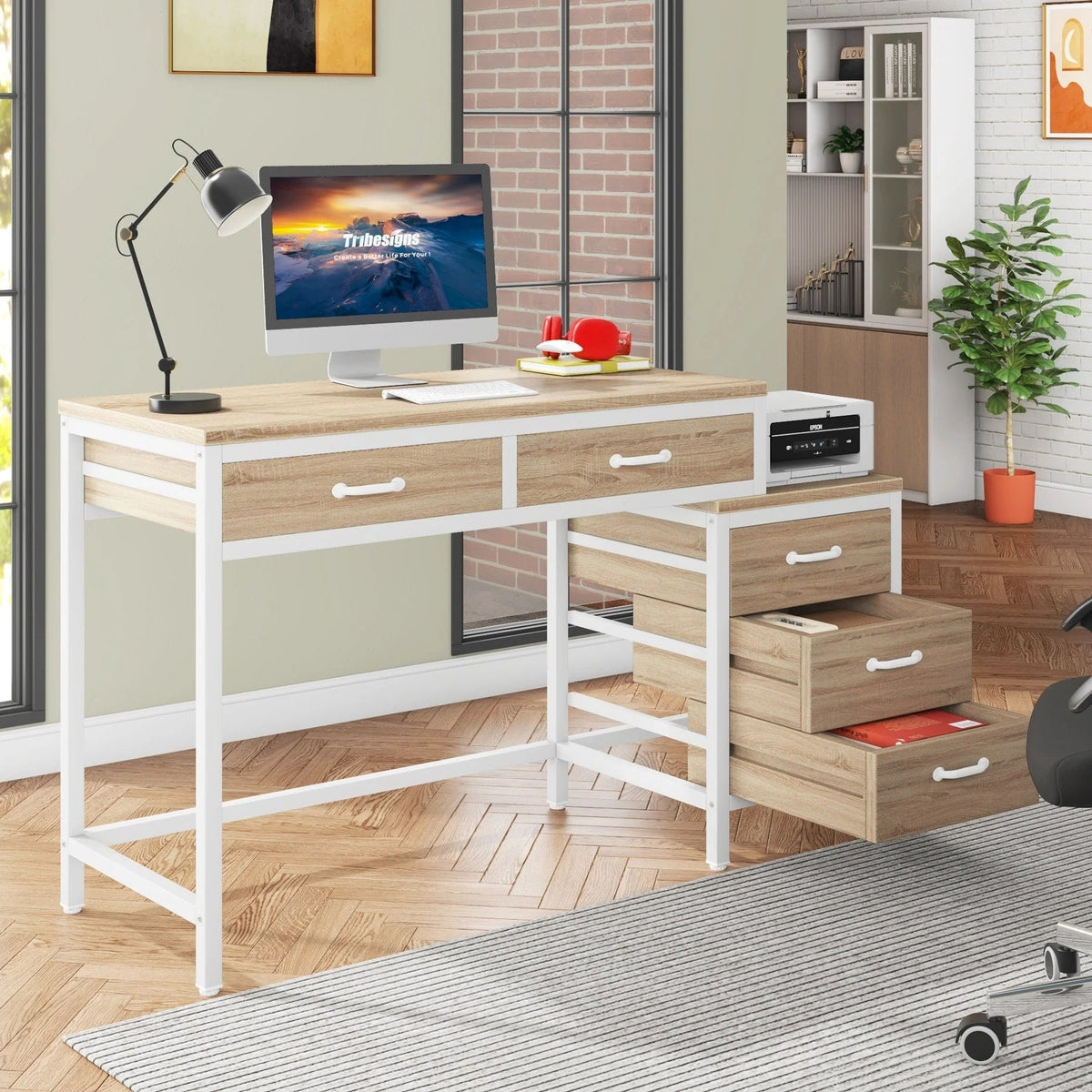 Reversible Computer Desk with 5 Drawers, Home Office Desk with File Cabinet Drawer Printer Stand