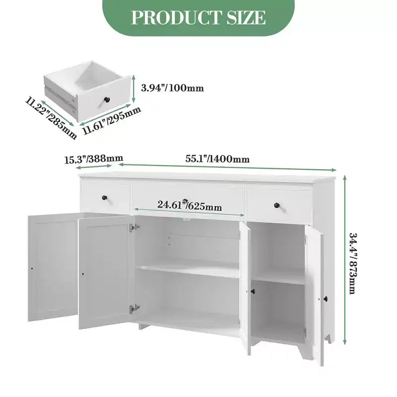 55 Sideboard Buffet Cabinet with 3 Drawers & 4 Doors, Adjustable Shelf Kitchen Storage Console for Dining Room Living Room
