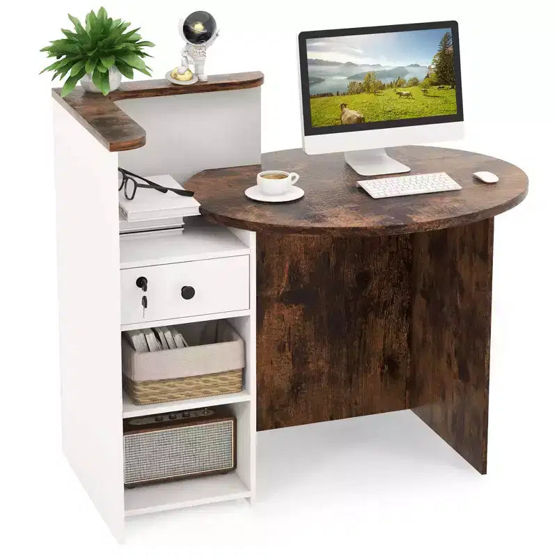 Costway Front Reception Counter Desk Checkout Office Desk with Open Shelf & Lockable Drawer White/Brown/Black
