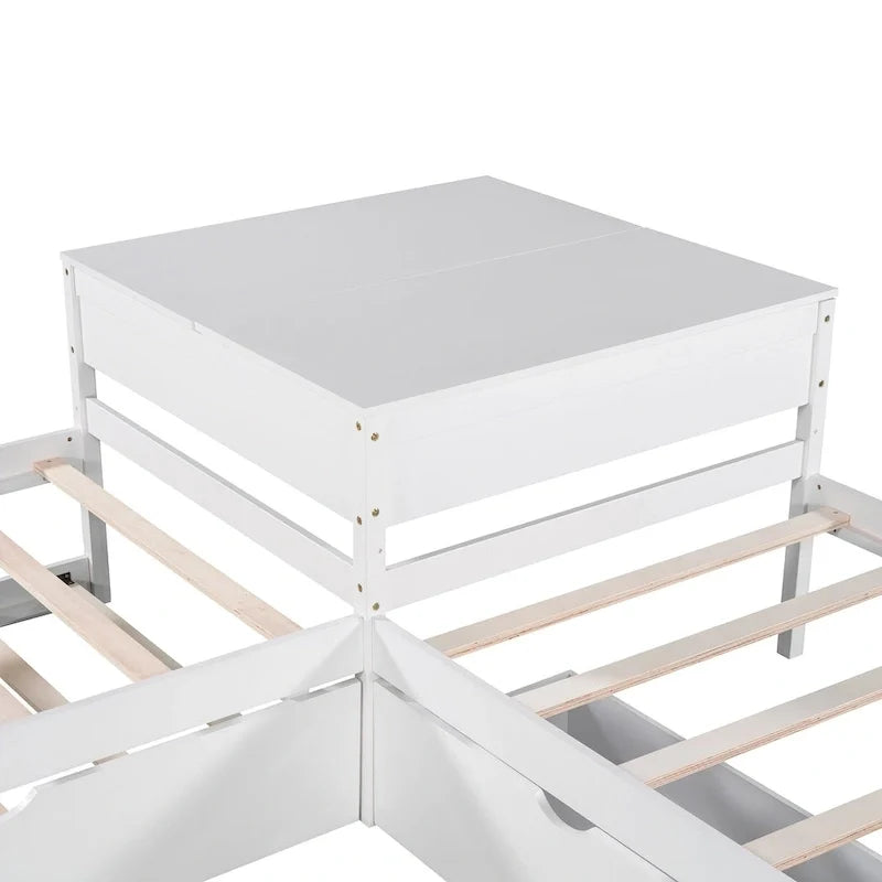 White Modern Twin Size L-shaped Platform Bed with Trundle and Drawers for Bedroom